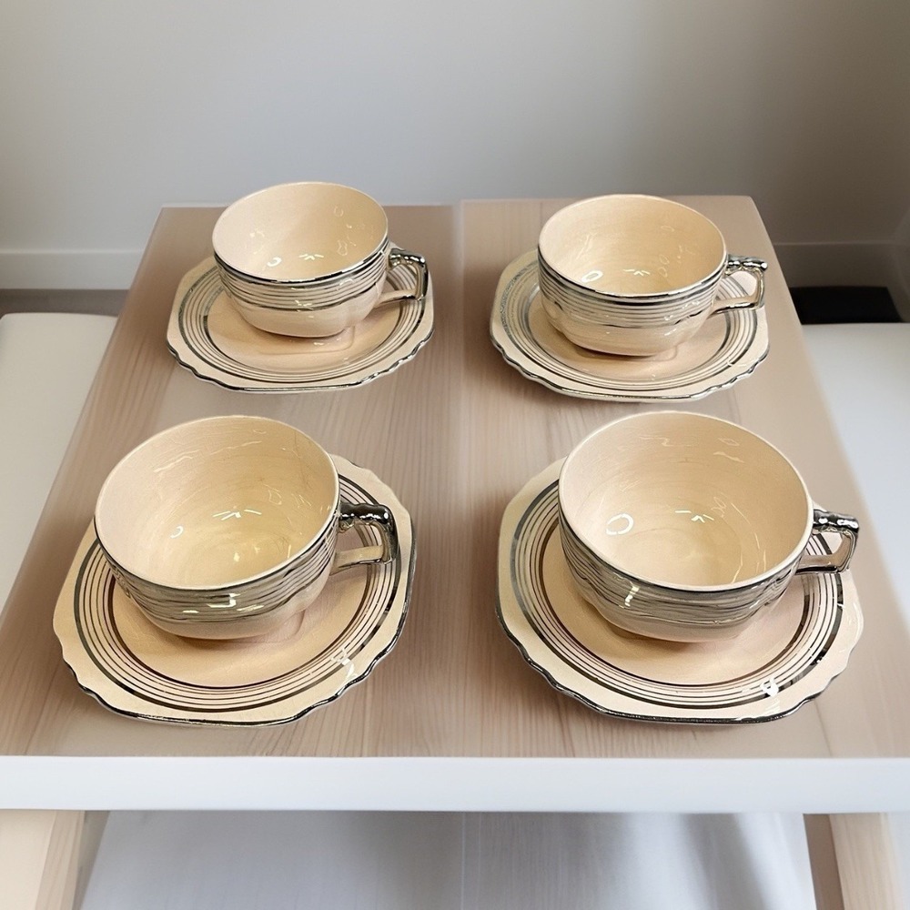 Limoges Peach Blo Ritz Platinum Mugs & Saucers Sebring Ohio Set‎ of 4 Vintage